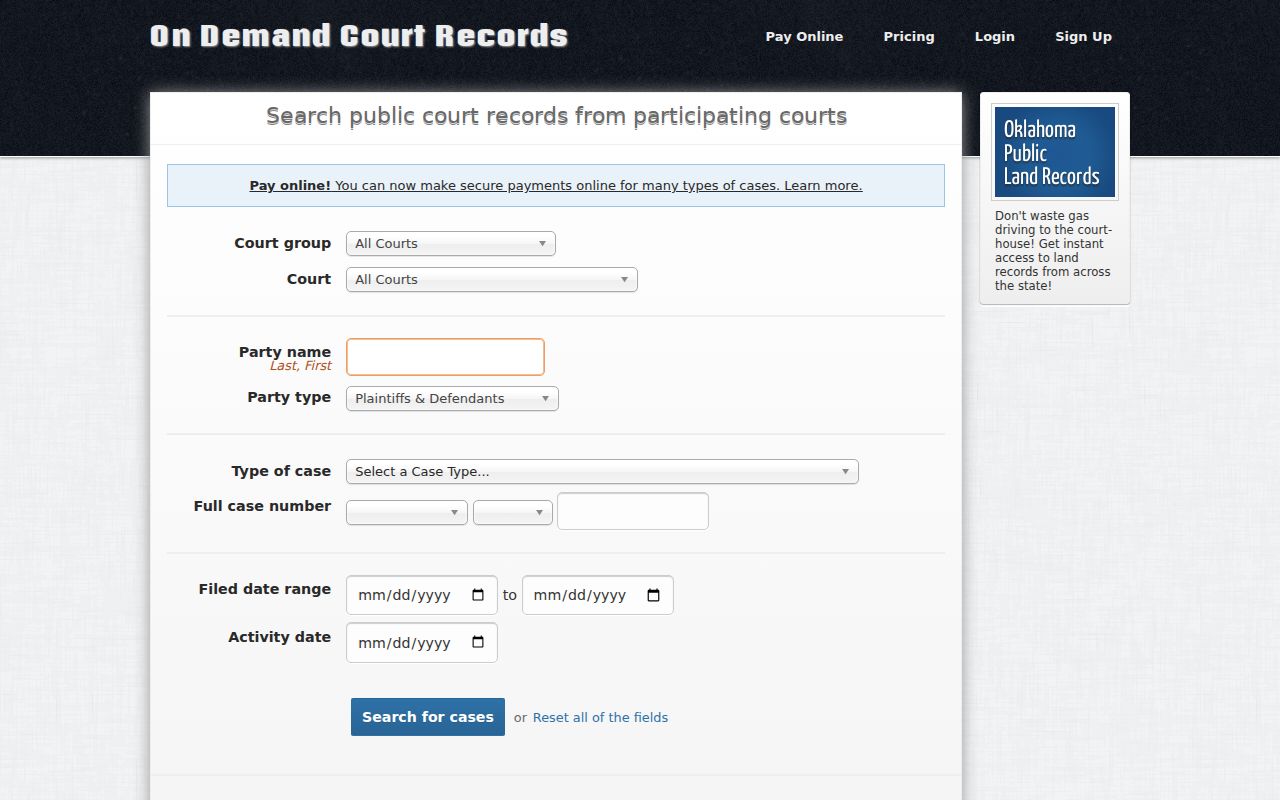 Harmon County warrant search ODCR party and case fields