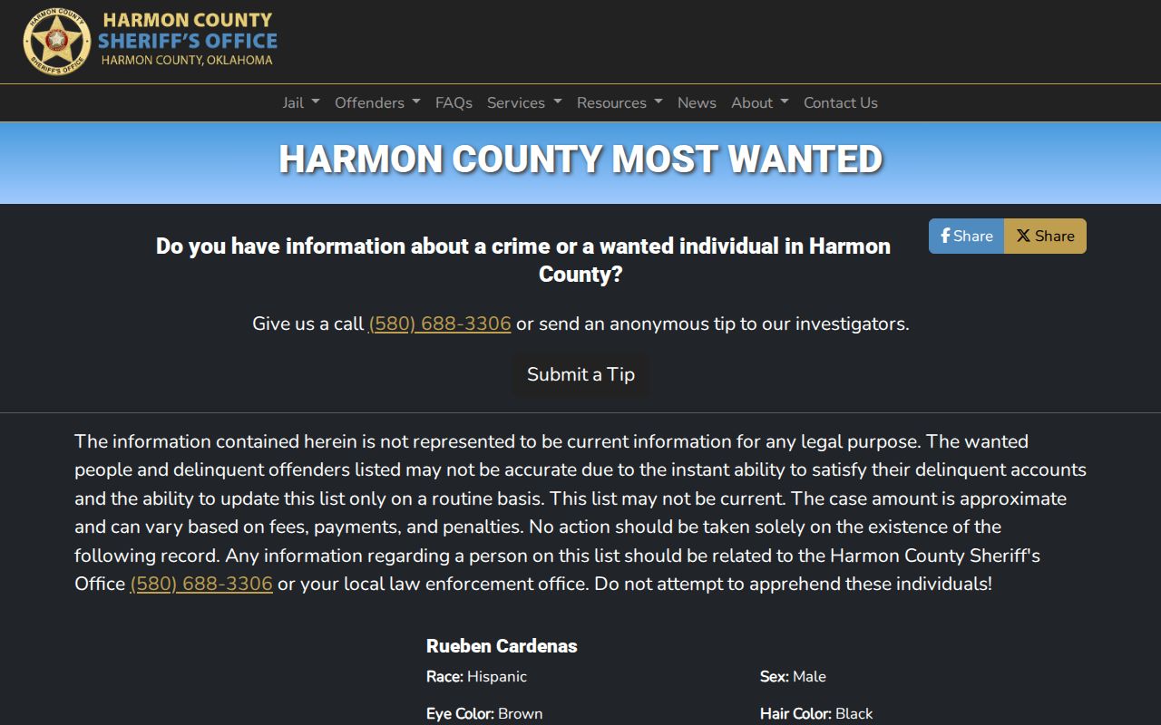 Harmon County warrant records official Most Wanted search shell