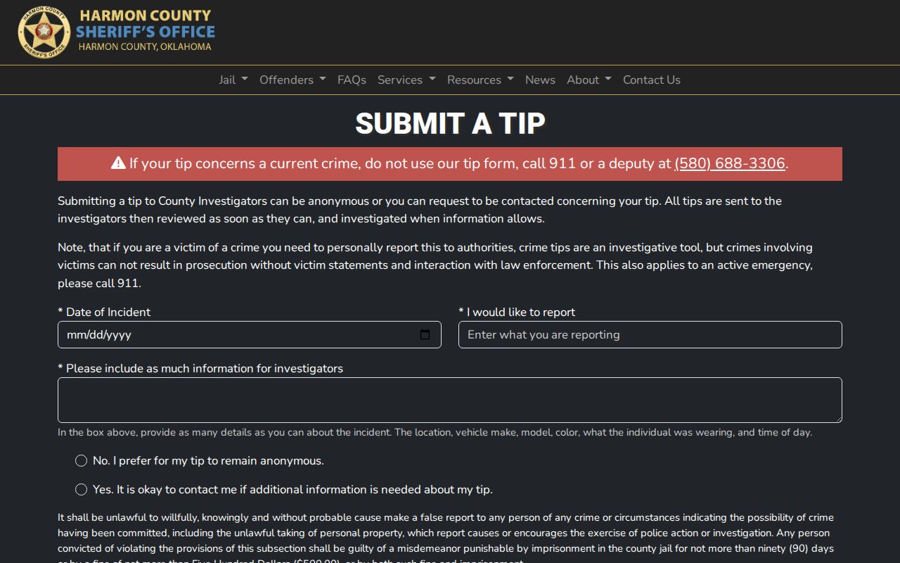 Harmon County Most Wanted tip form with blank civic fields